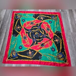 Vibrant Red and Green Scarf with Gold Chain Print Celine Designer 90s 80s